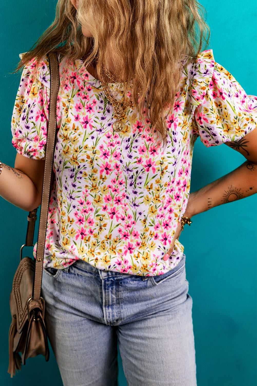 Pink Floral Puff Blouse
