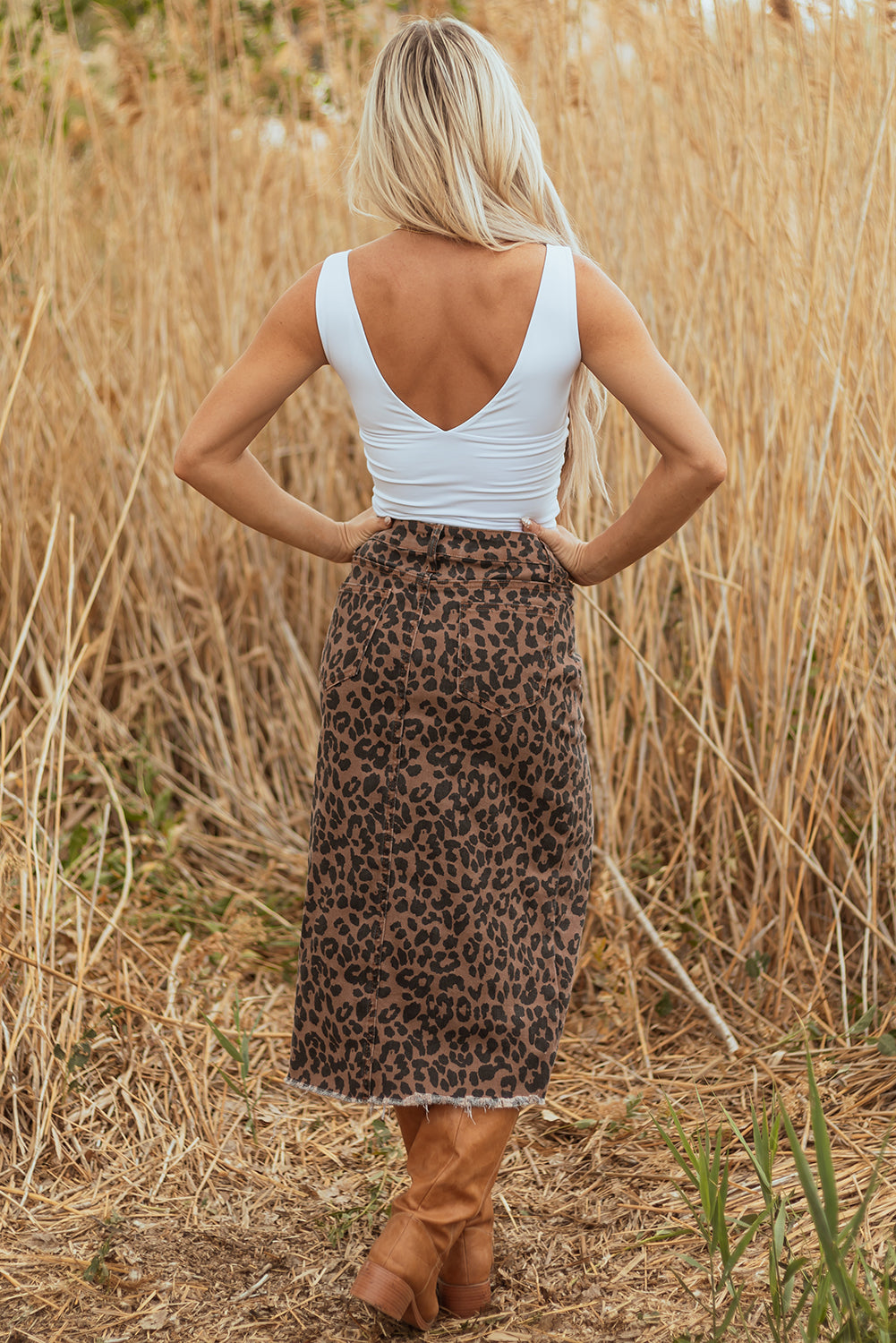 Brown Leopard Denim Midi Skirt