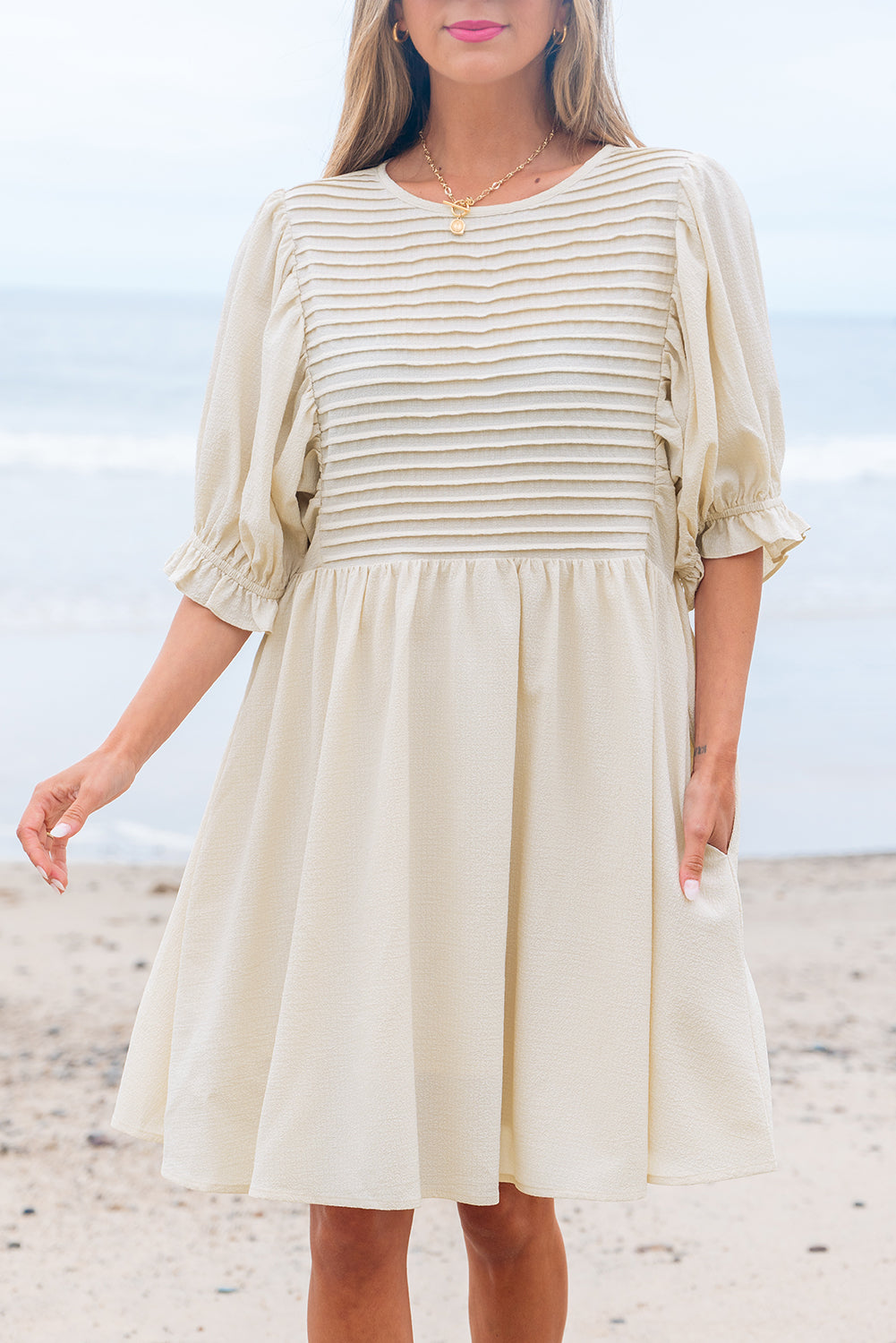 White Textured Ruffled Dress