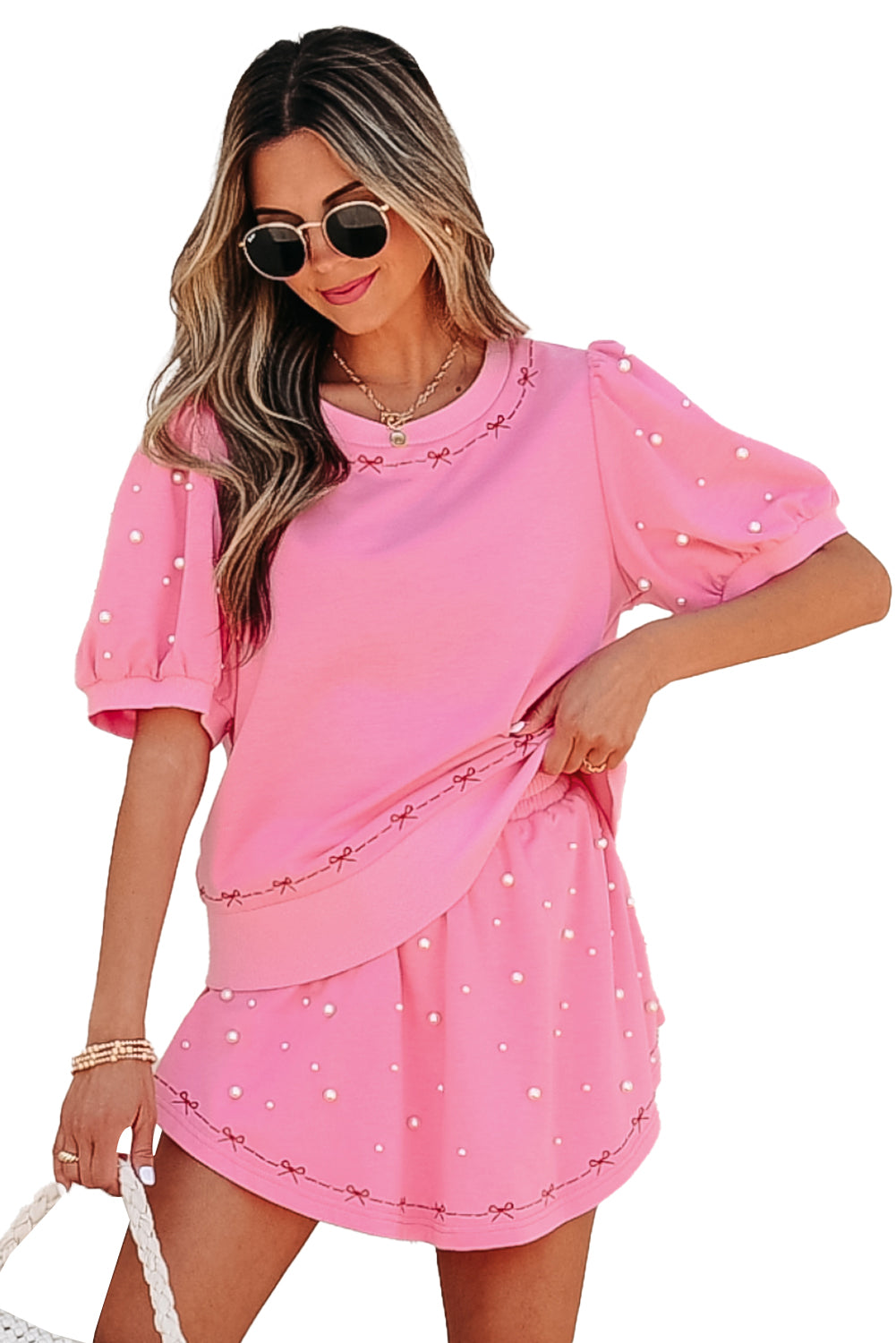 Pink Contrast Bow Trim Pearl Set