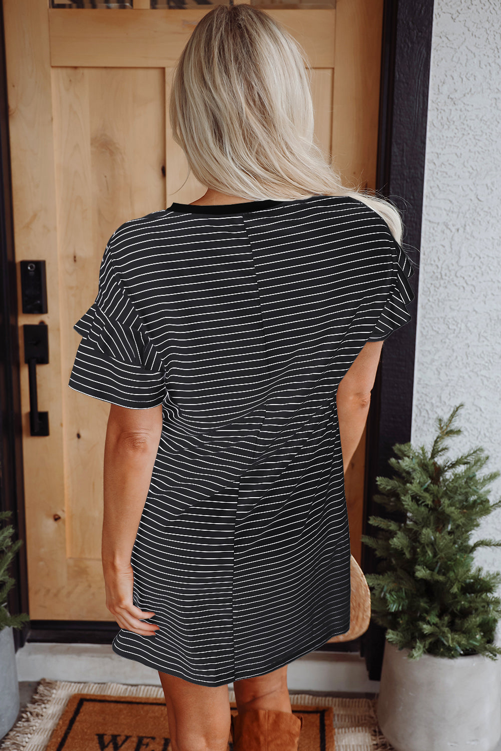 Black Stripe Ruffled Mini Dress