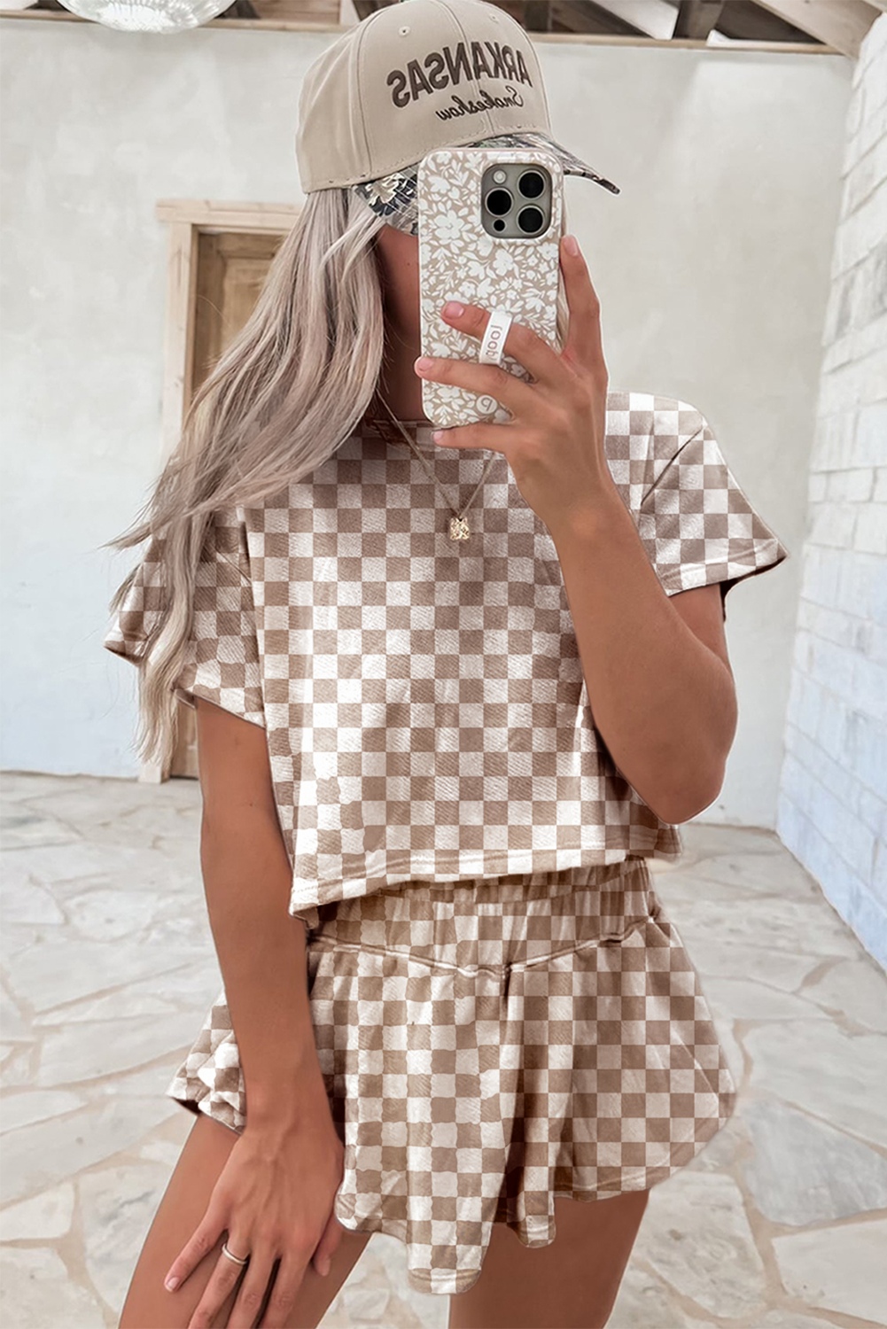 Brown Checkerboard Shirt and Skorts Set