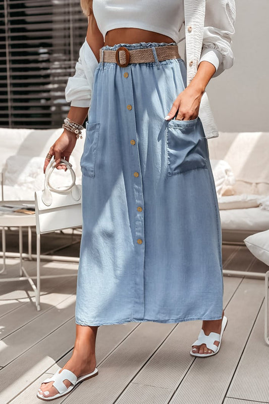 Buttoned High Waist Denim Maxi Skirt