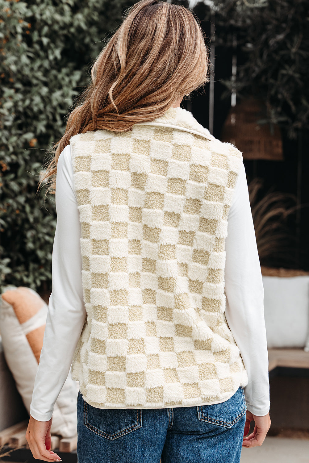 Khaki Sherpa Vest Jacket With Pocket