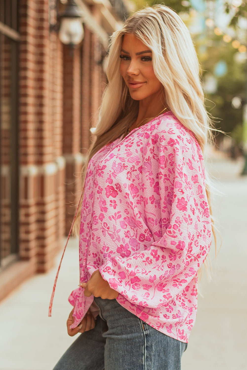 Pink Floral Puff Sleeve Blouse