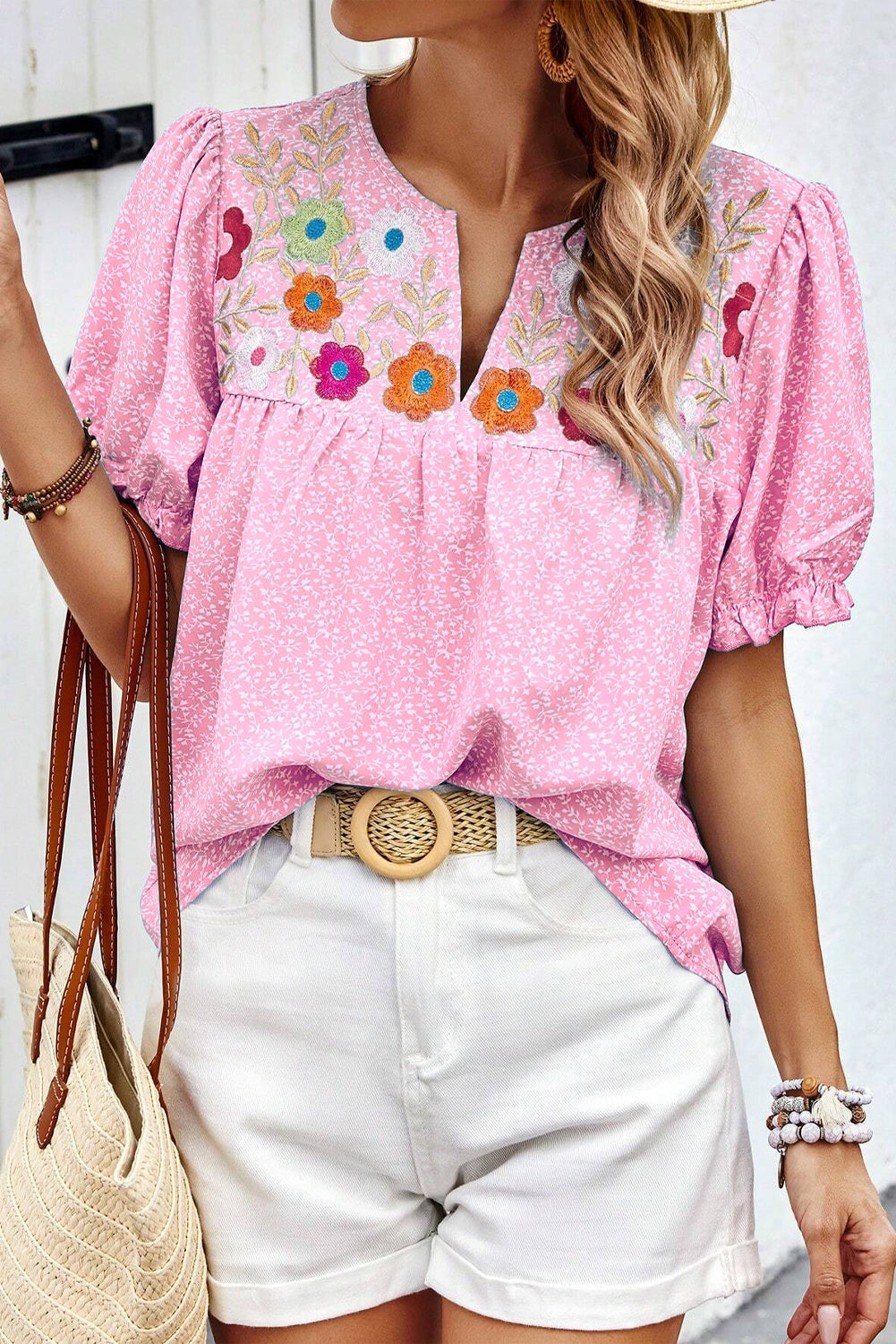 Pink Floral Embroidered Blouse