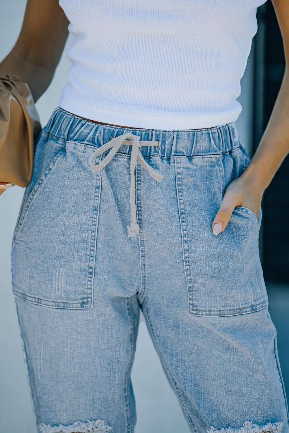 Blue Distressed Pocketed Denim Jogger