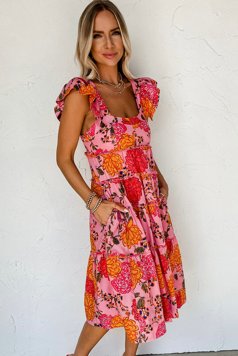 Pink Floral Square Midi Dress