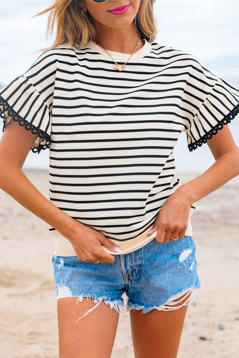 Black Stripe Scallop Lace Top