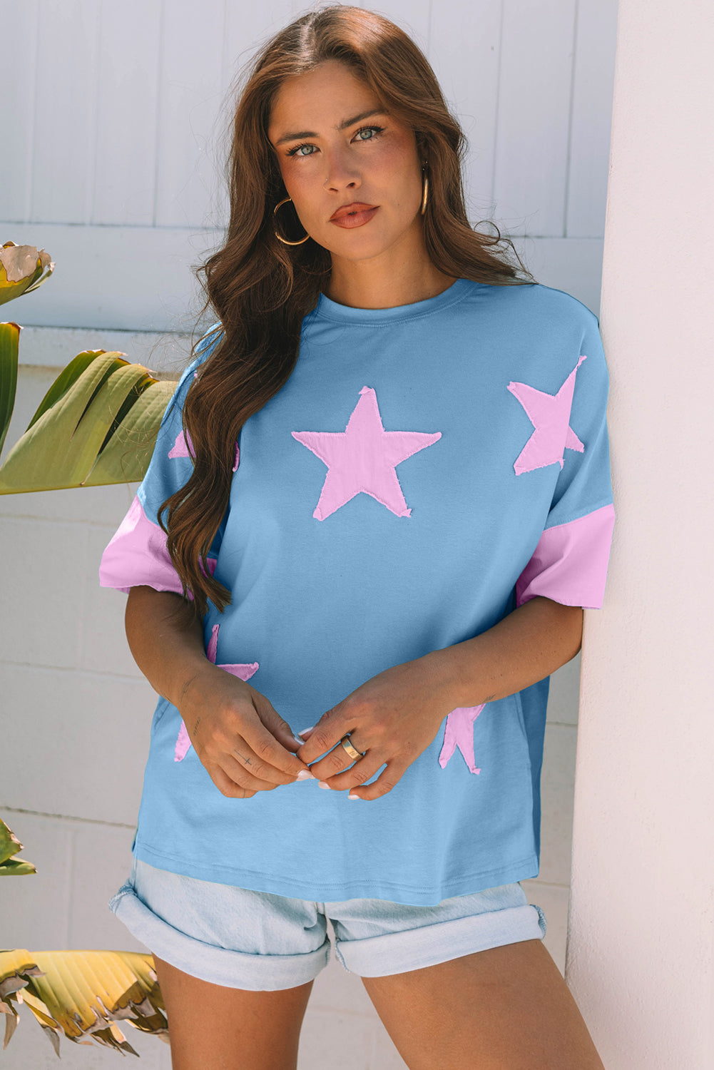 Frayed Denim Star Patched Oversize Shirt