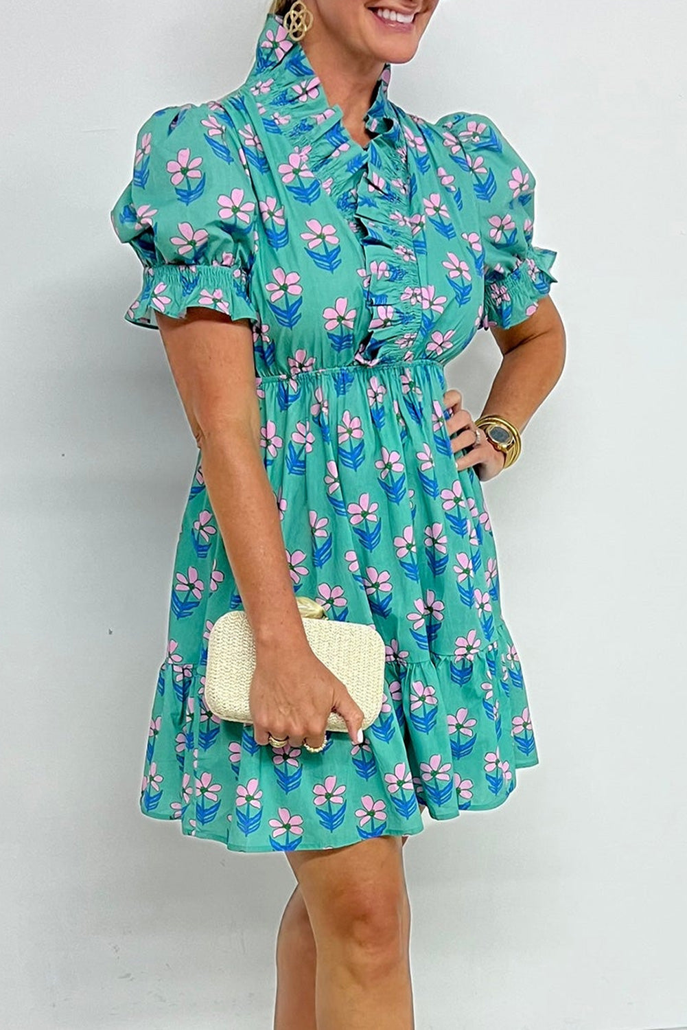 Green Floral Print High Waist Mini Dress