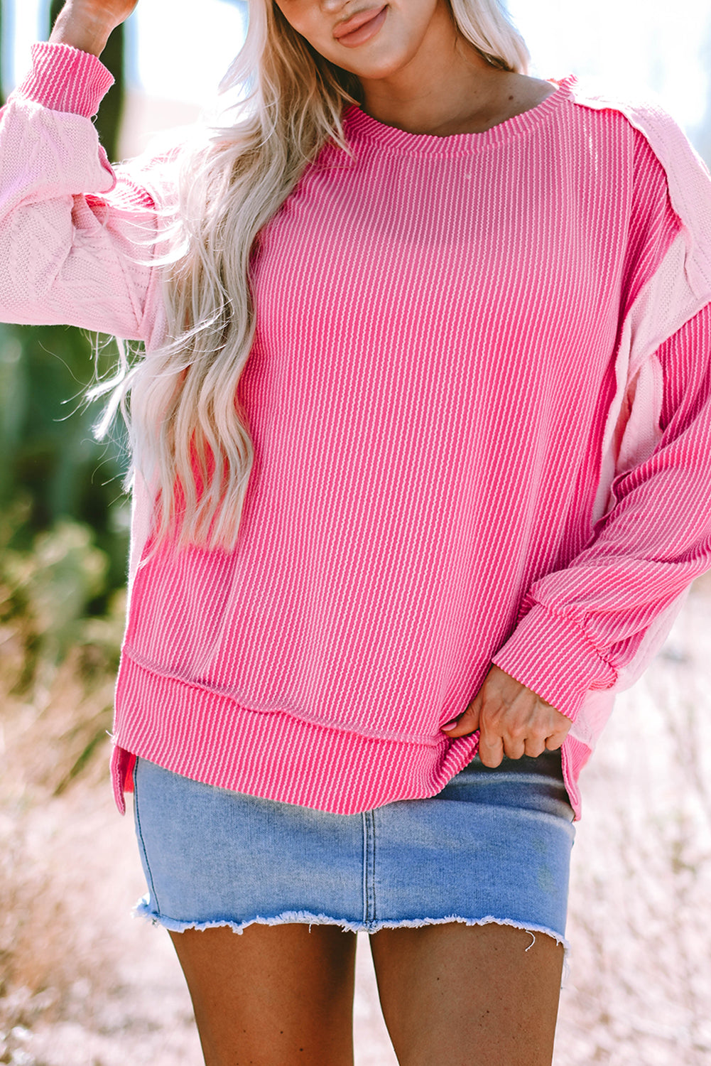 Pink Cable Knit Colorblock Sweatshirt