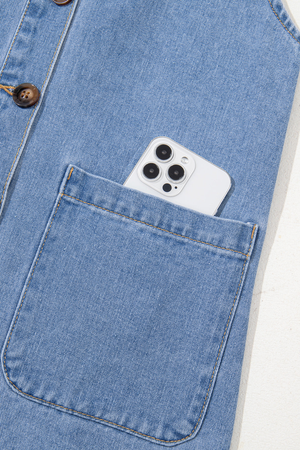 Blue Wide Strap Button Front Pocketed Denim Mini Dress