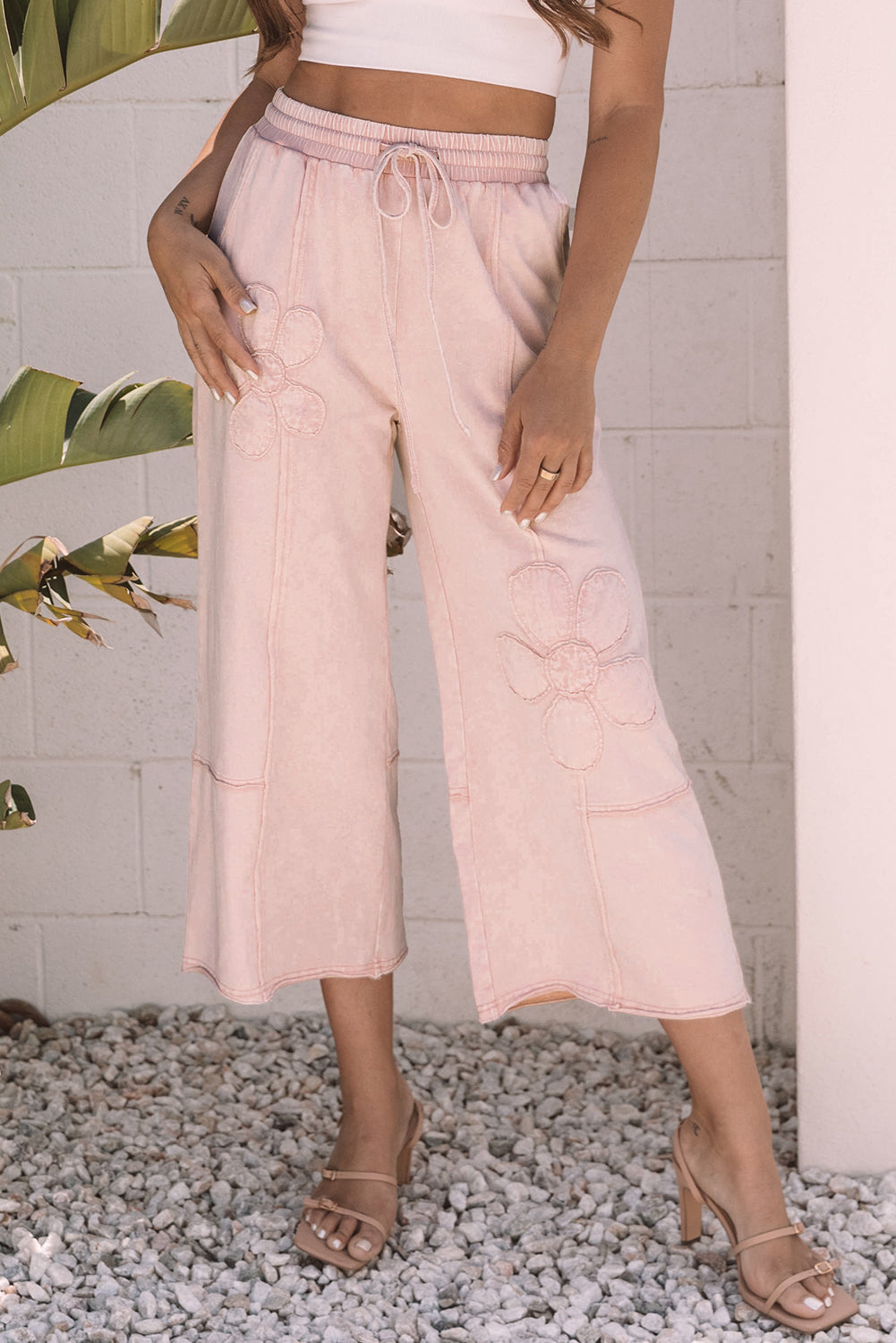 Pink Flower Mineral Washed Wide Leg Pants