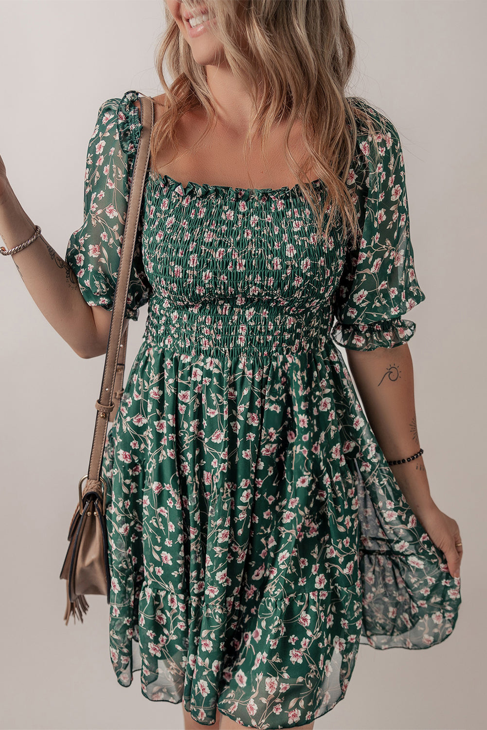 Green Smocked Floral Dress
