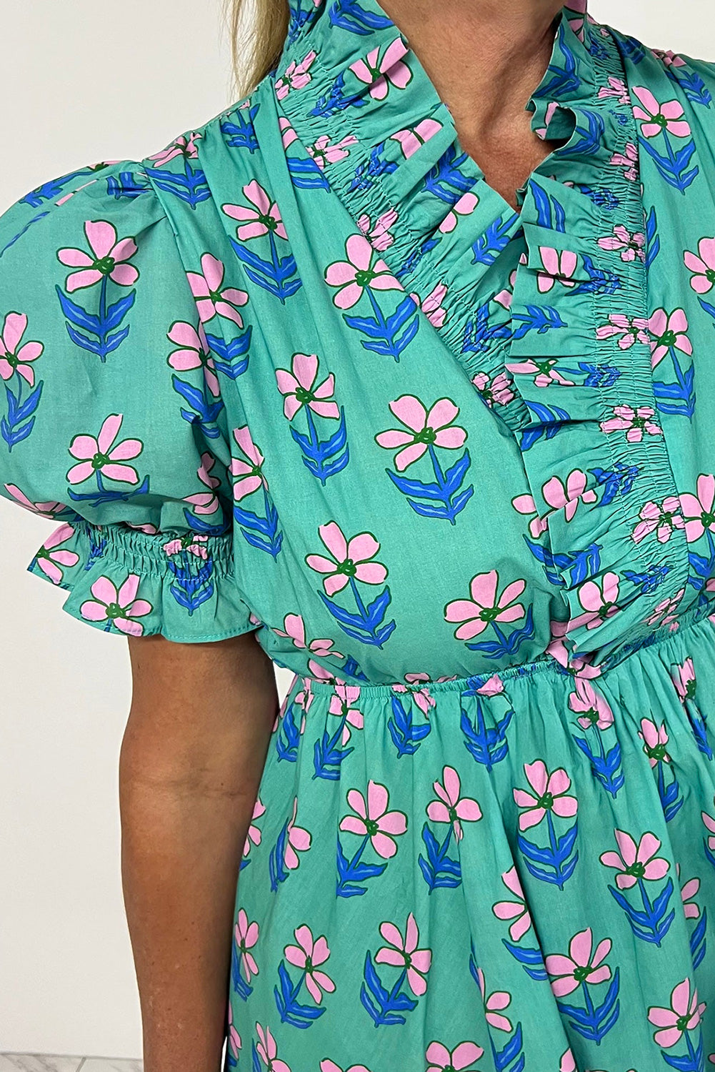 Green Floral Print High Waist Mini Dress