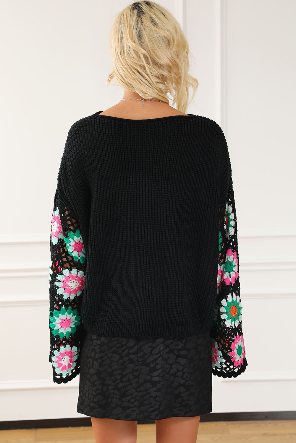 Black Floral Crochet Sweater Top