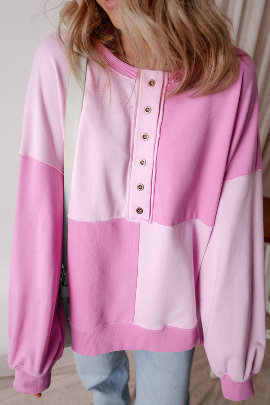 Pink Colorblock Henley Oversize Sweatshirt