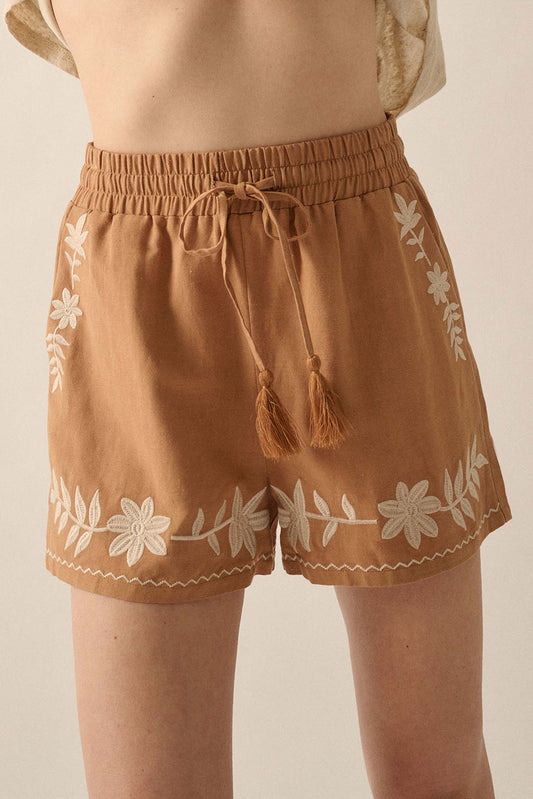 Khaki Embroidered Boho shorts