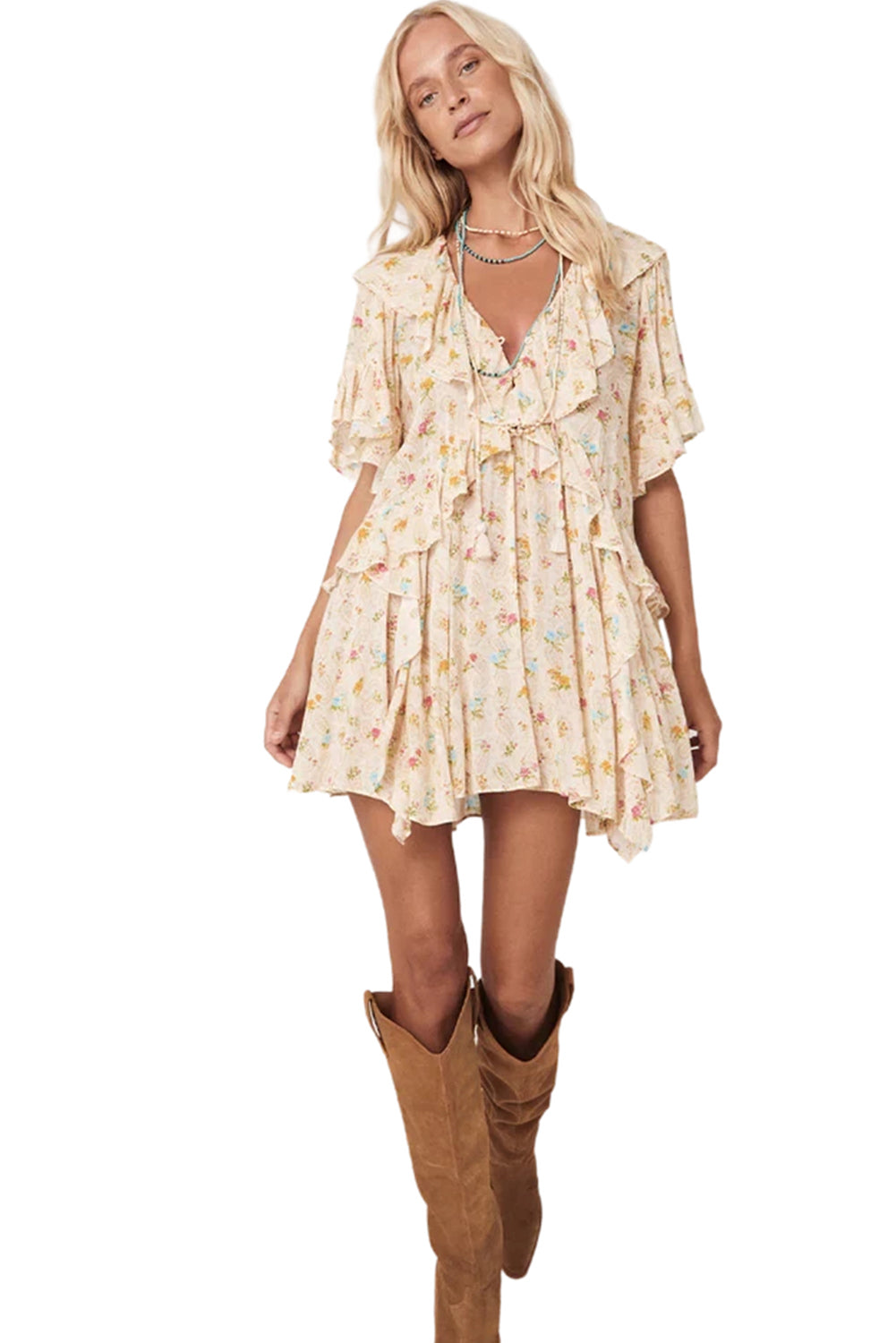 Apricot Boho Floral Tassel Mini Dress