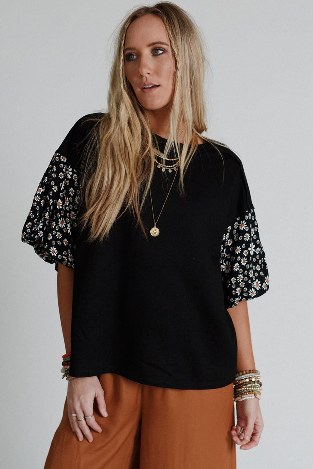 Black Floral Puff Oversized Top
