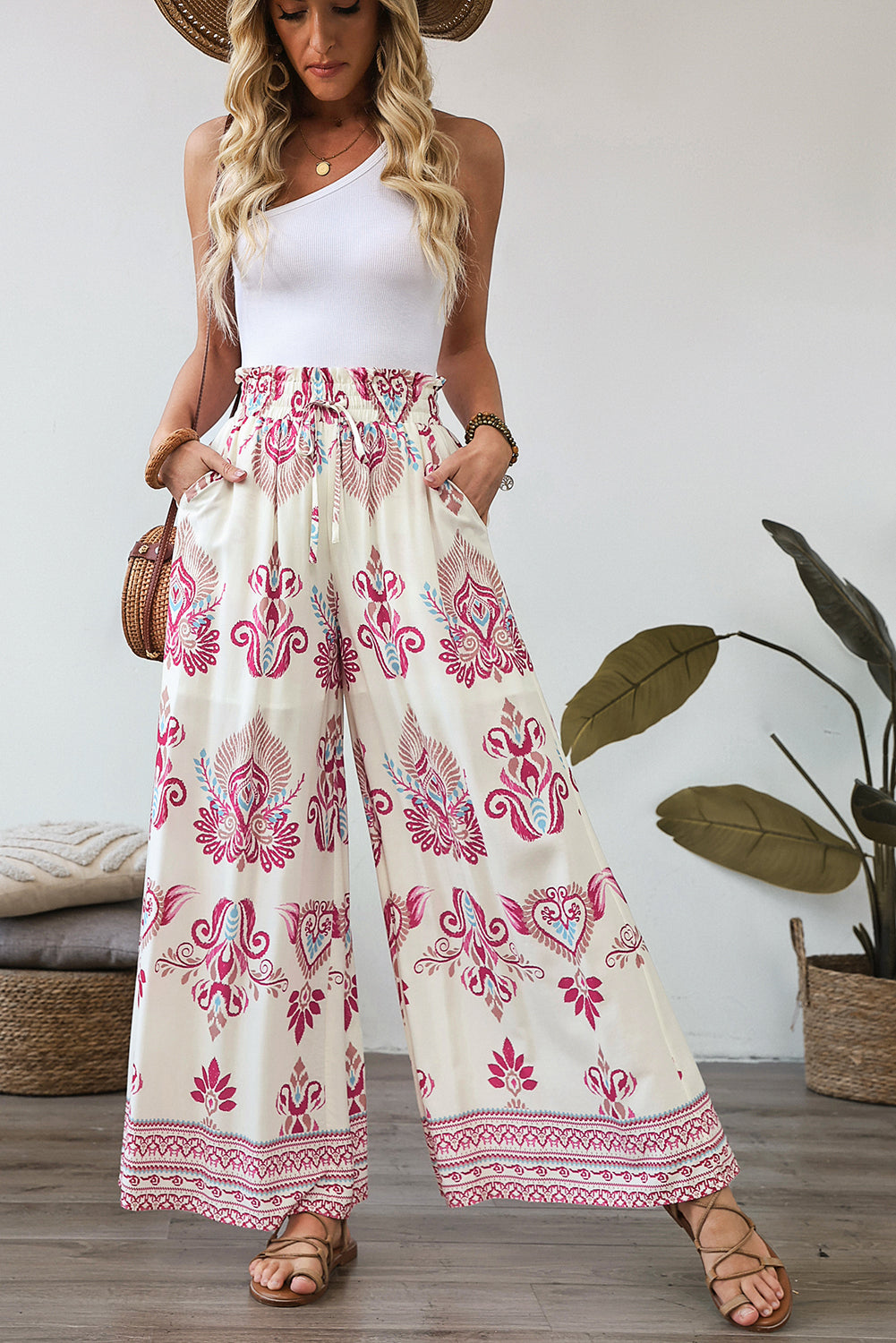 Rose Boho Printed Wide Leg Pants