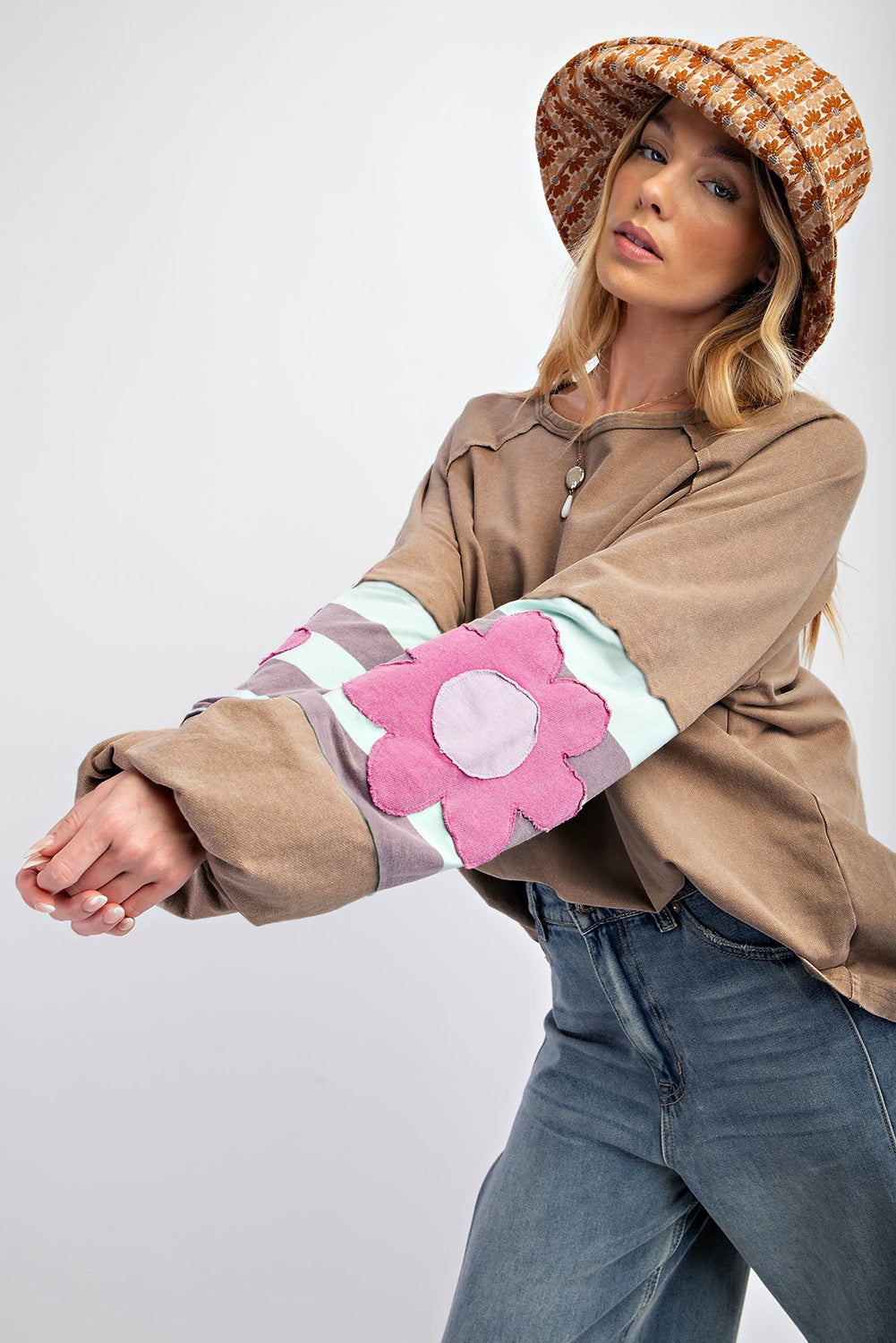 Beige Flower Striped Patchwork Sweatshirt