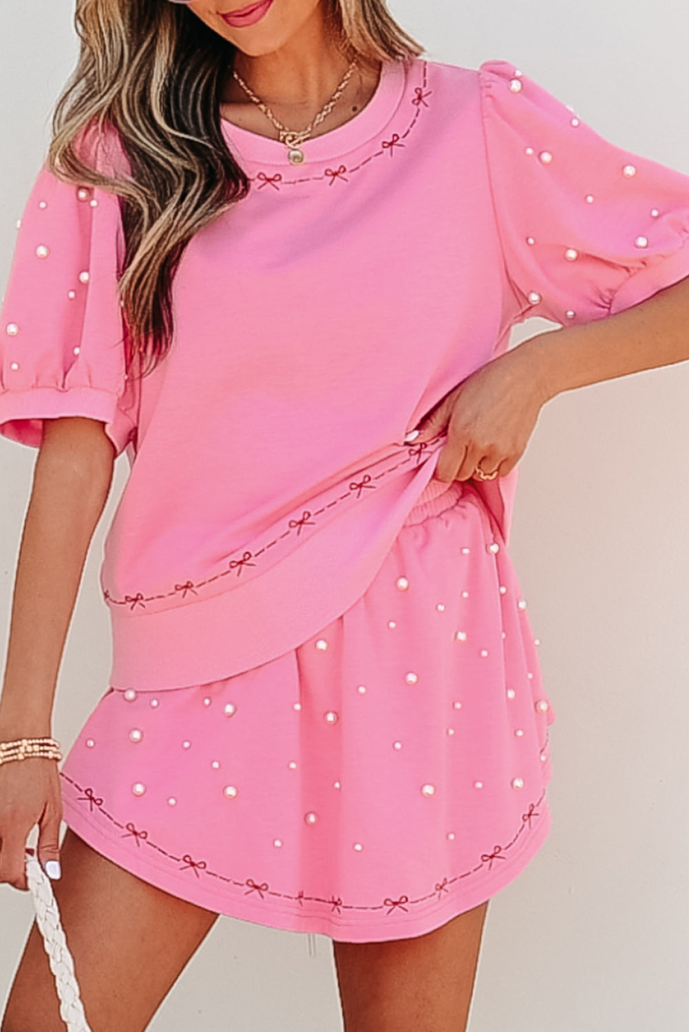 Pink Contrast Bow Trim Pearl Set