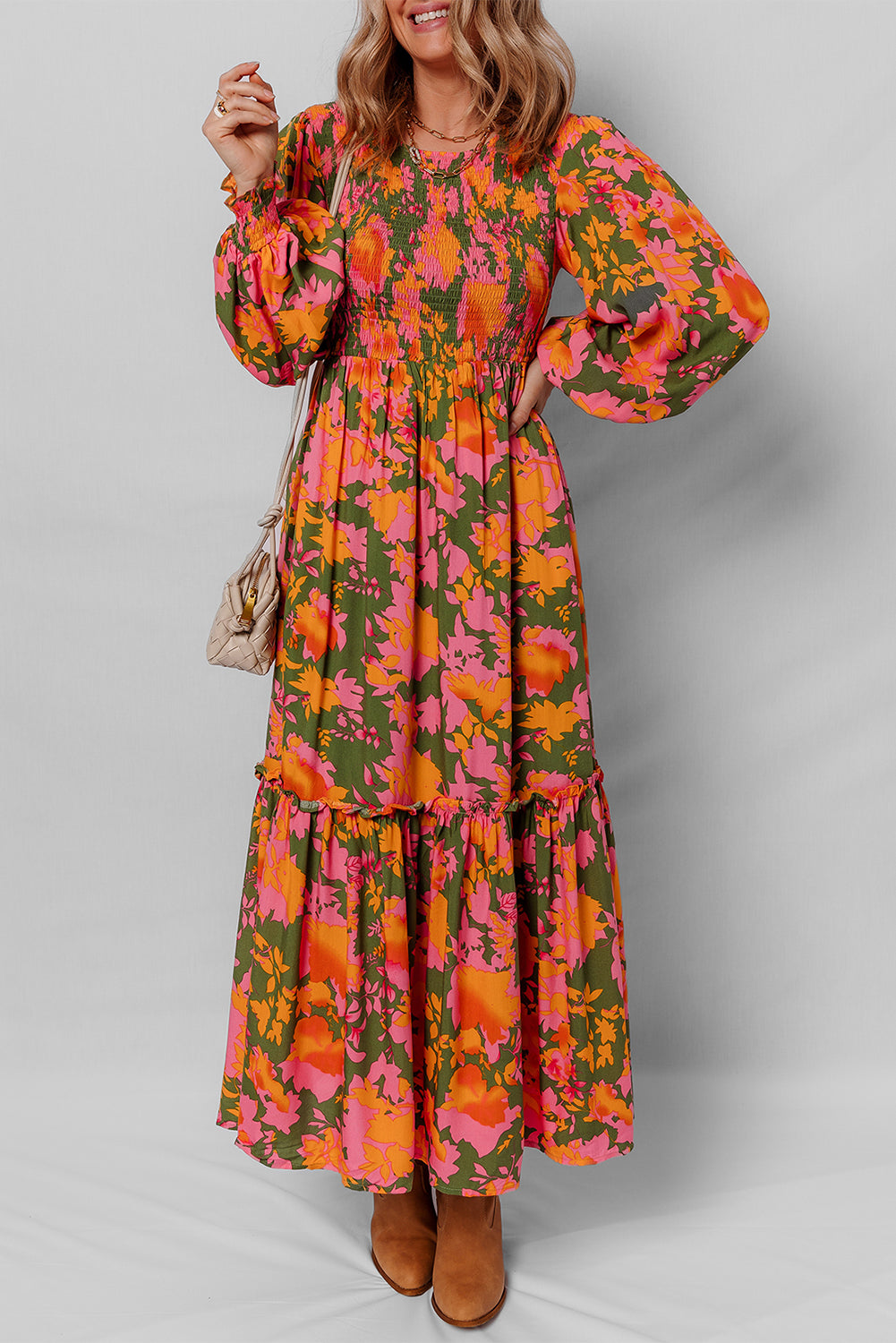 Orange Floral Puff Sleeve Dress