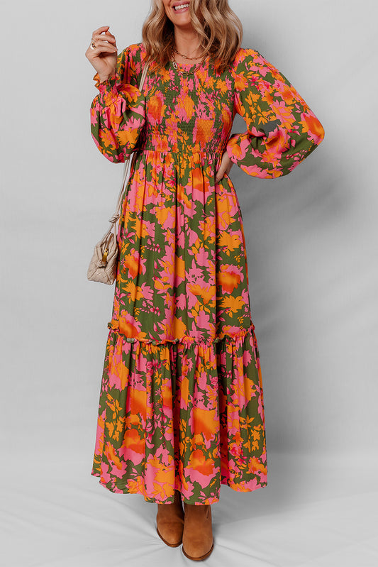 Orange Floral Puff Sleeve Dress
