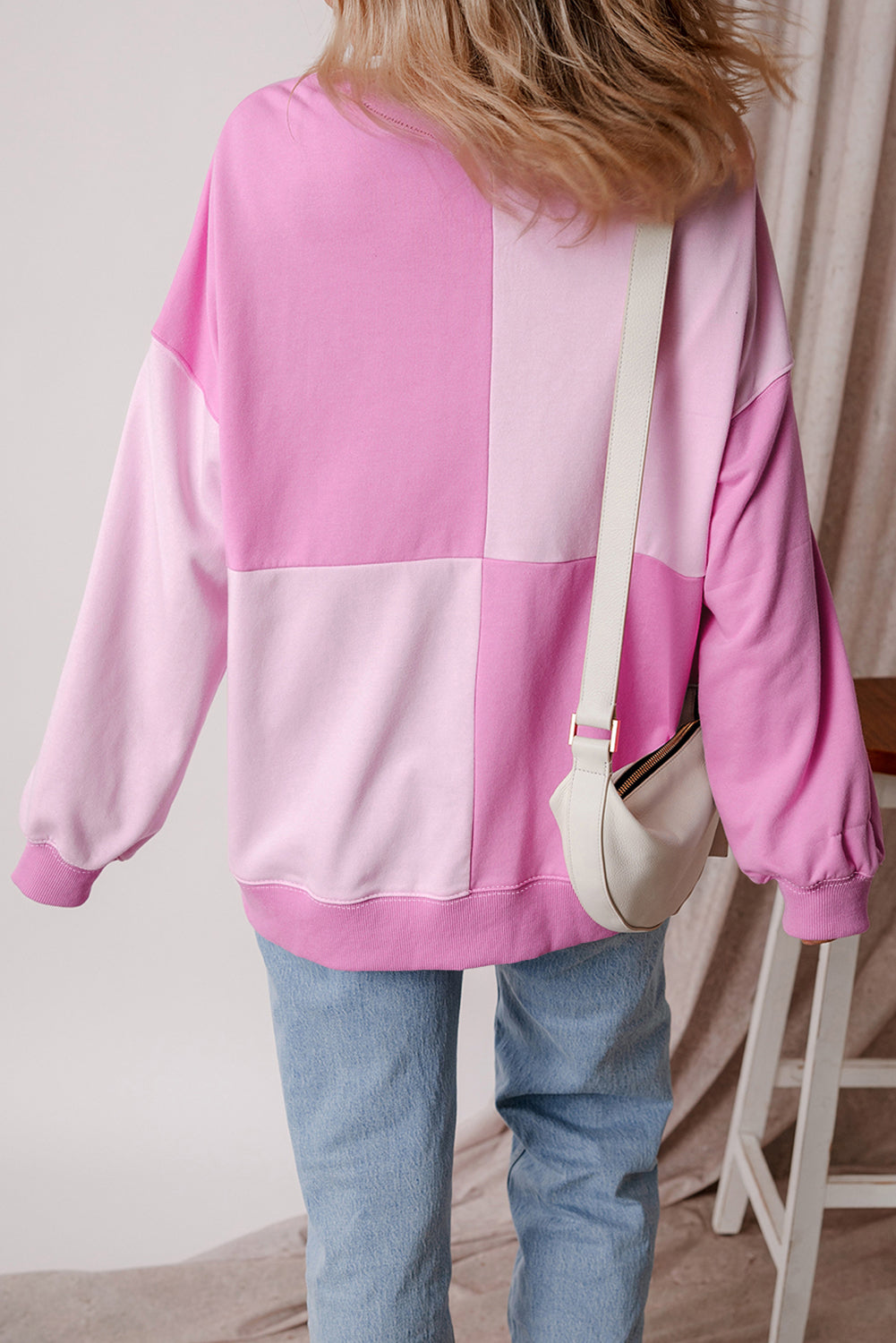 Pink Colorblock Henley Oversize Sweatshirt