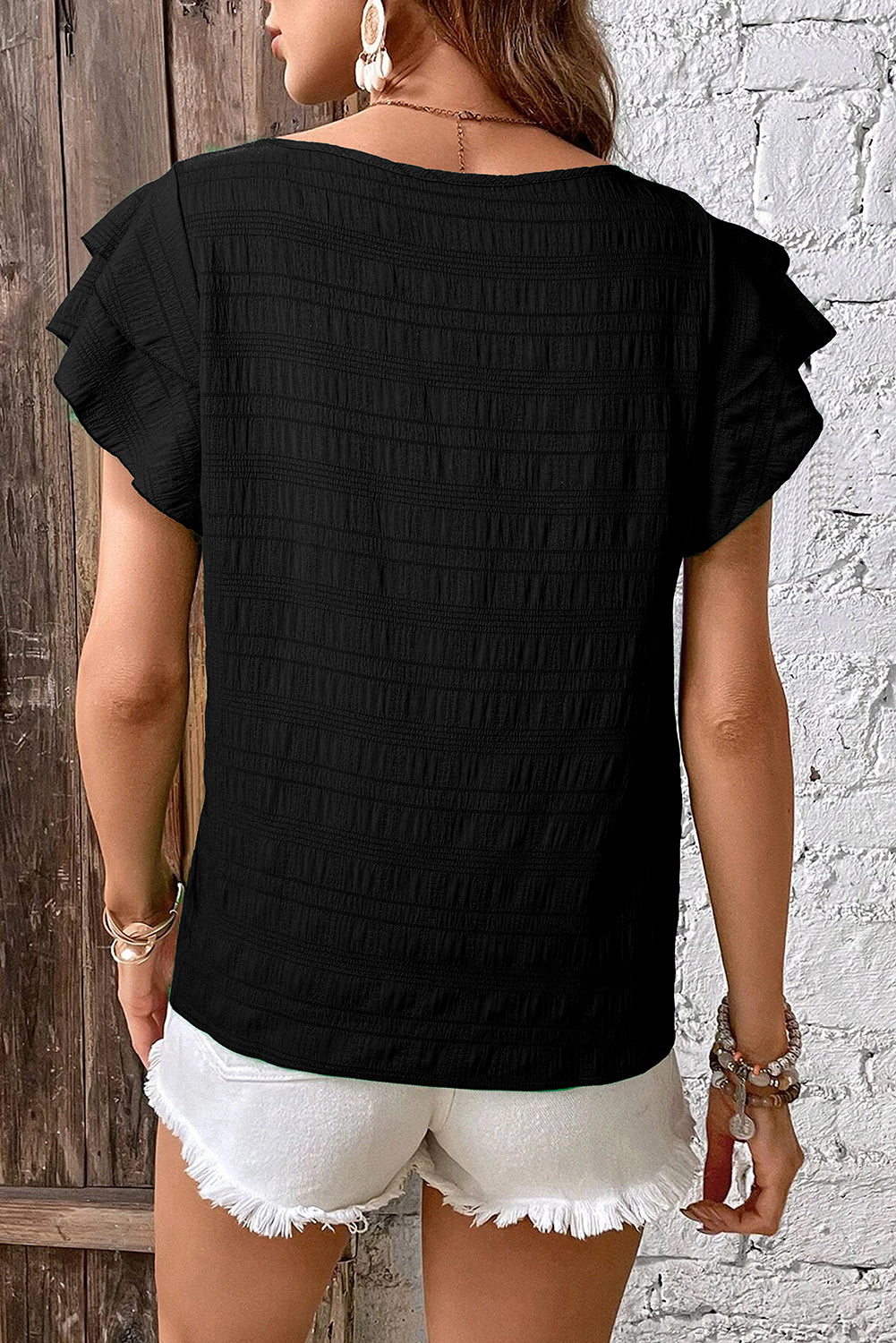 Black Textured Ruffled Sleeve Top