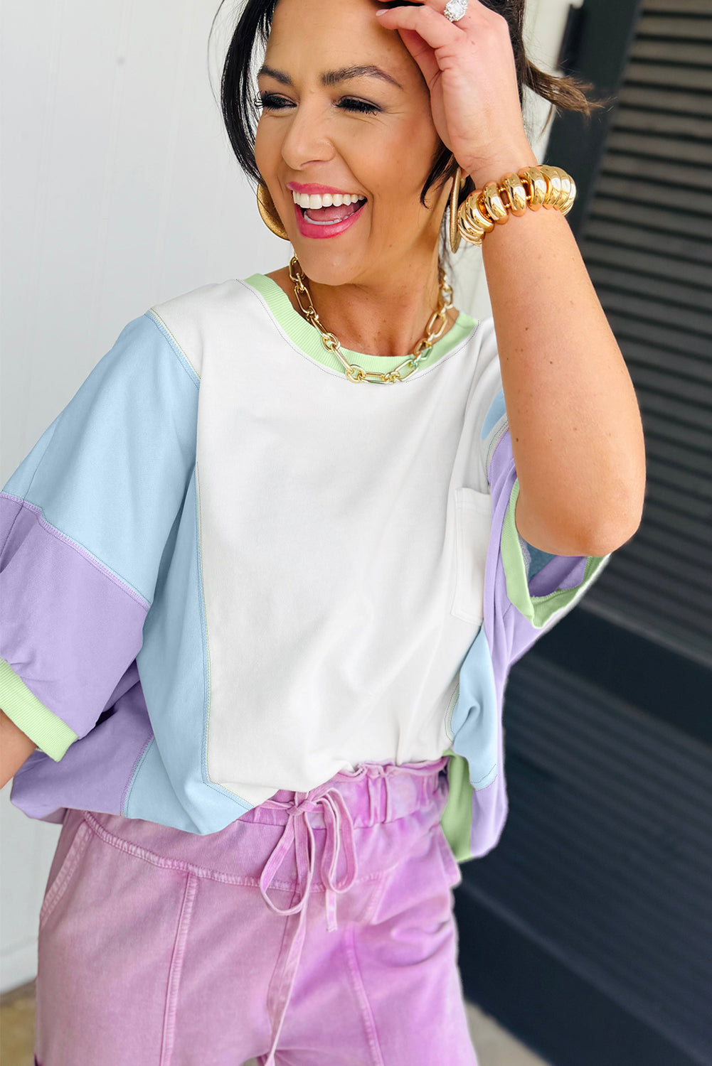 White Color Block Patchwork Oversized T Shirt