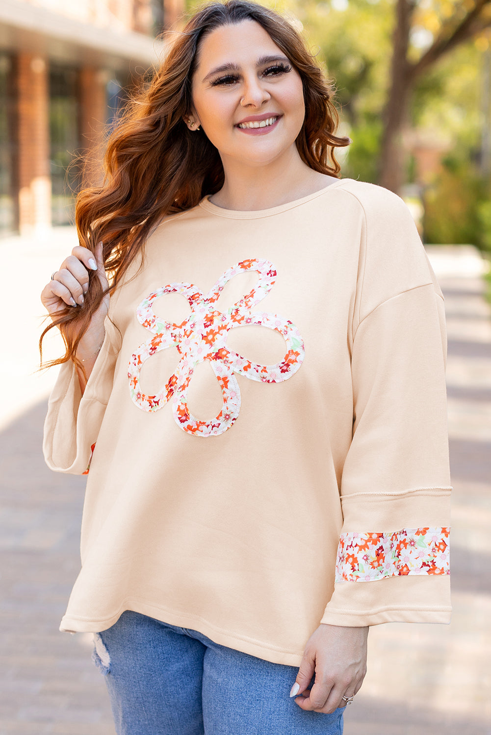 Beige Flower Crewneck Top