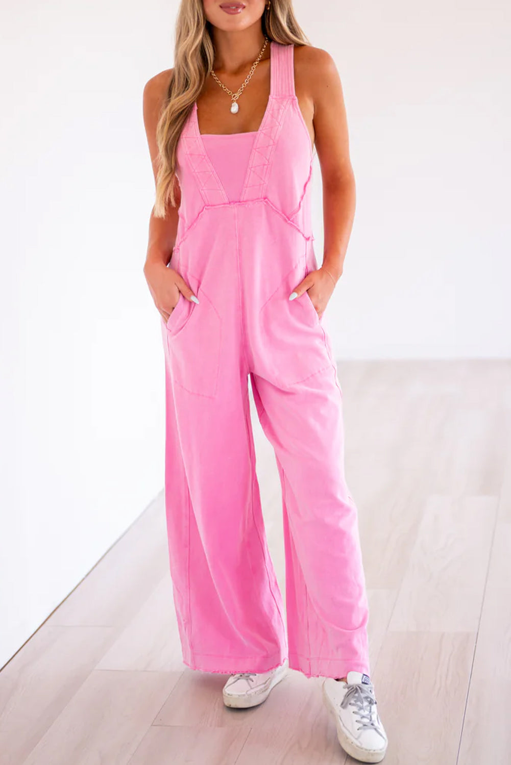 Pink Mineral Wash Wide Leg Loose Jumpsuit