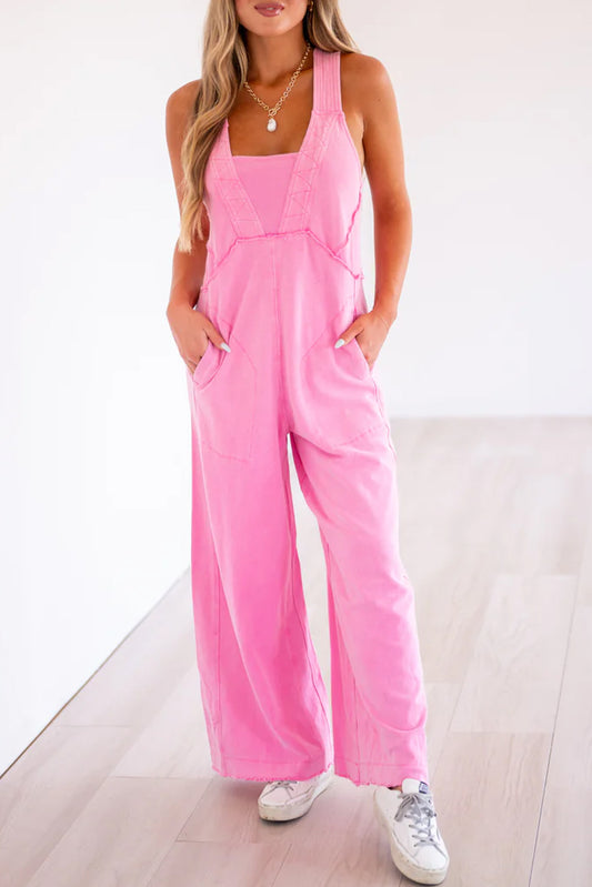 Pink Mineral Wash Wide Leg Loose Jumpsuit