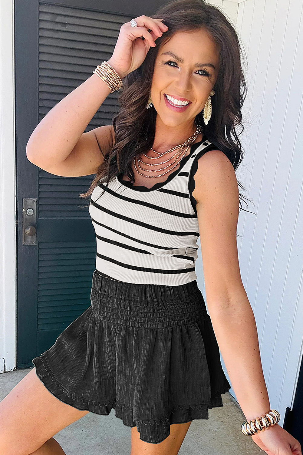 Black Striped Scalloped Sleeveless Sweater Vest