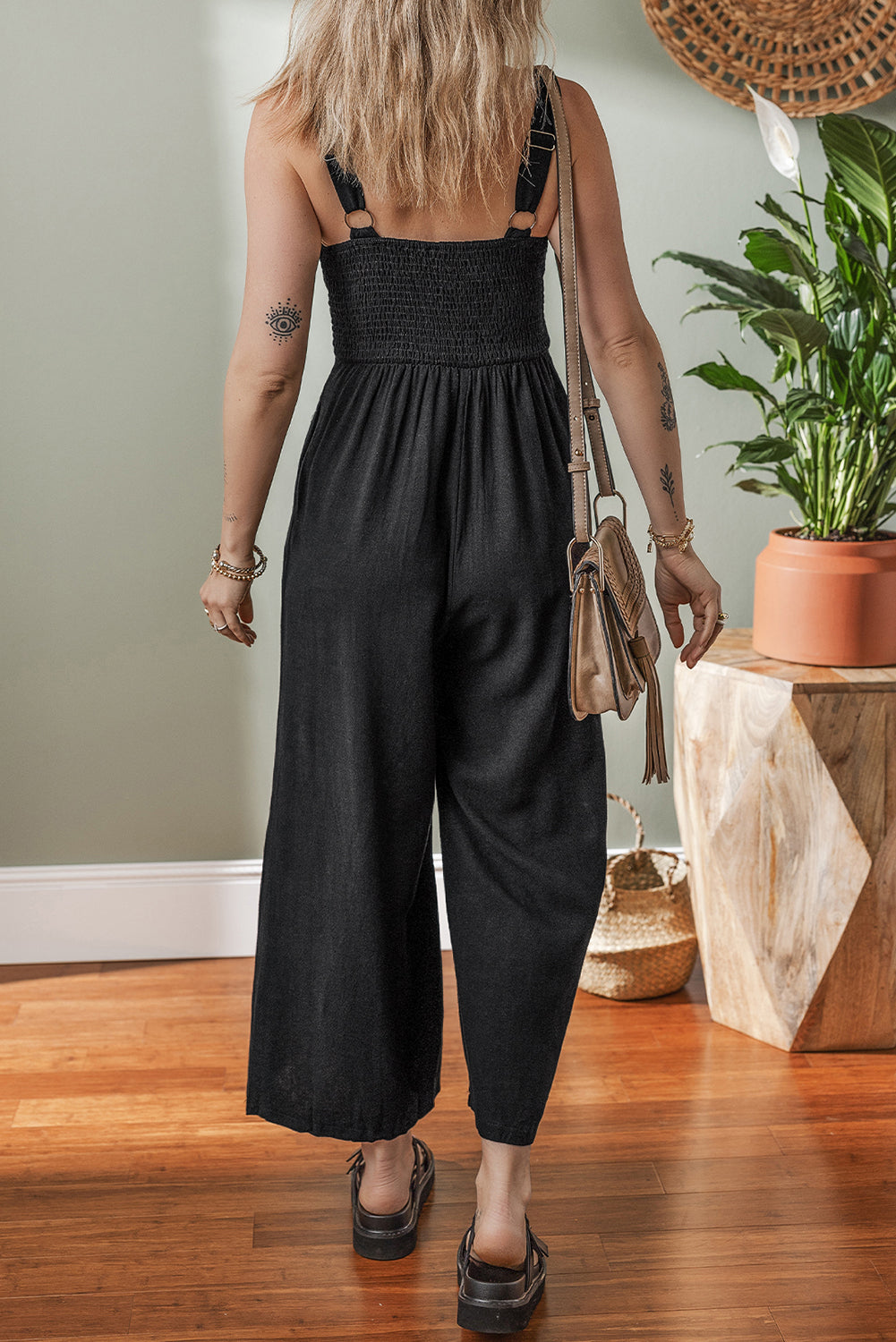 Black Smocked Wide Leg Jumpsuit