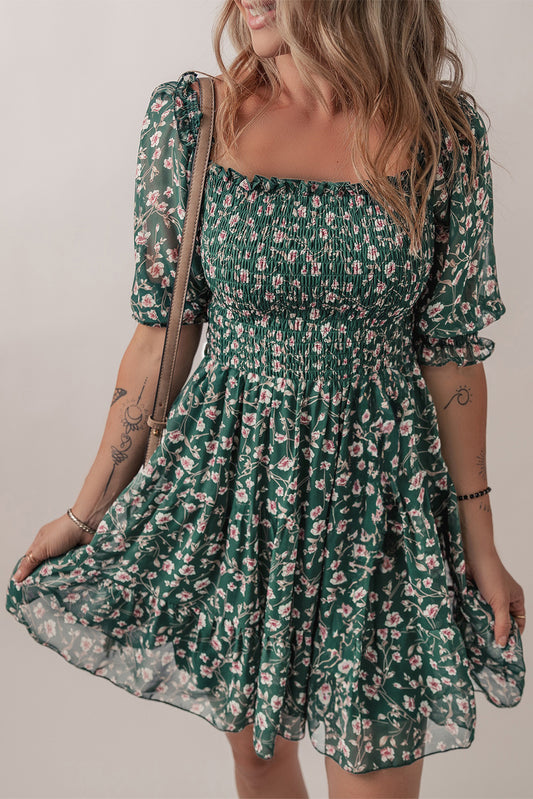 Green Smocked Floral Dress