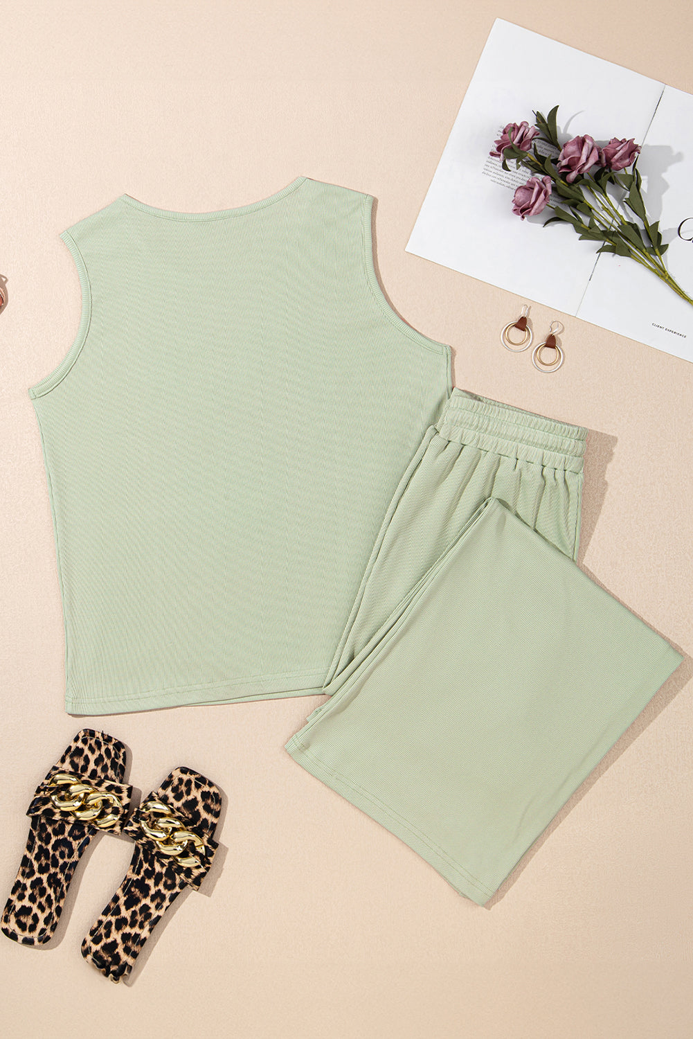 Smoke Green Tank Top and High Waist Pants Set