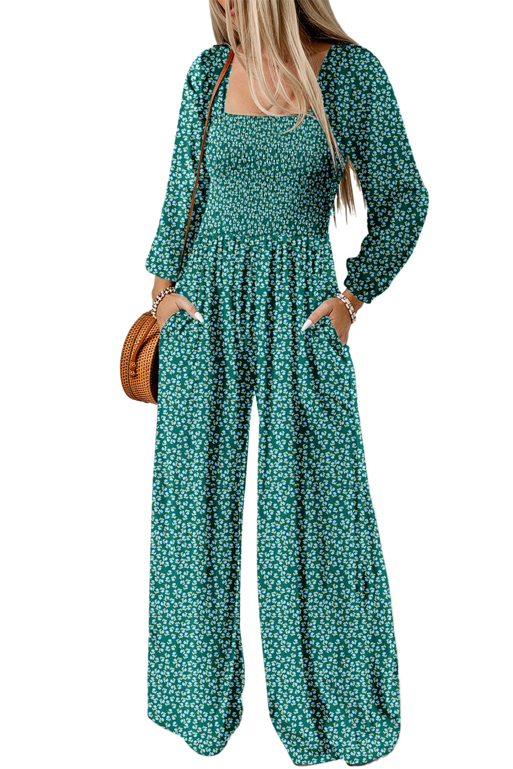 Green Floral Print Western Wide Leg Jumpsuit