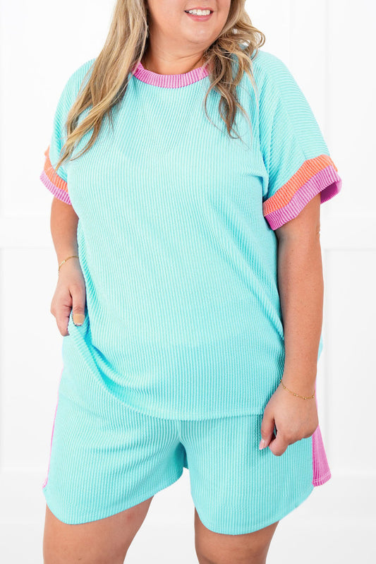 Light Blue Corded Knit Tee and Shorts Set