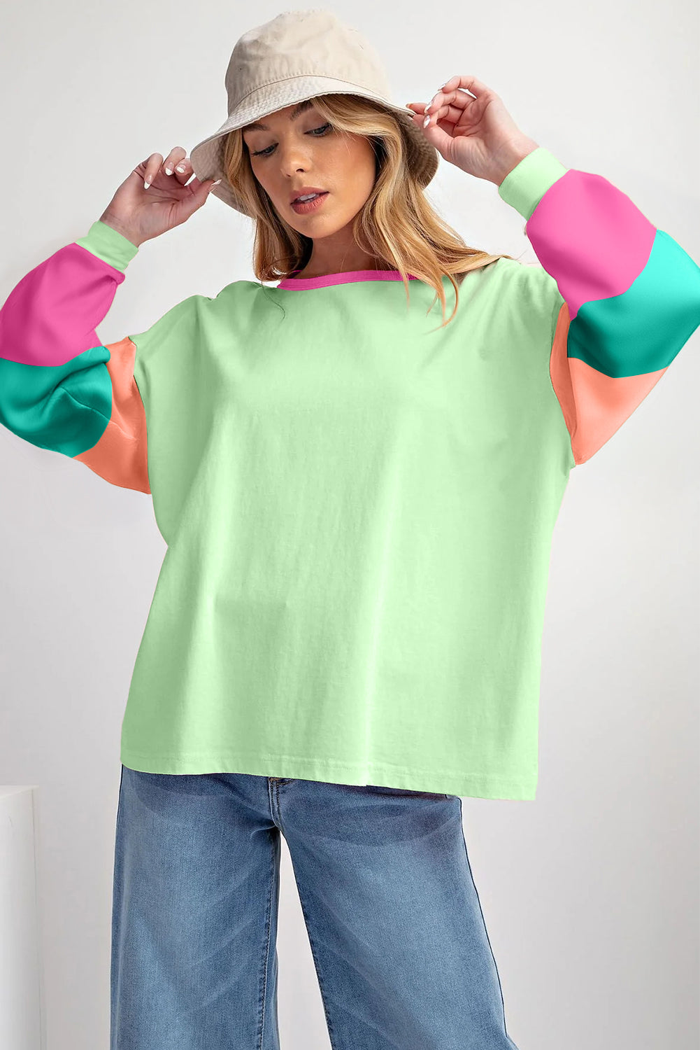 Green Colorblock Long Sleeve  Top