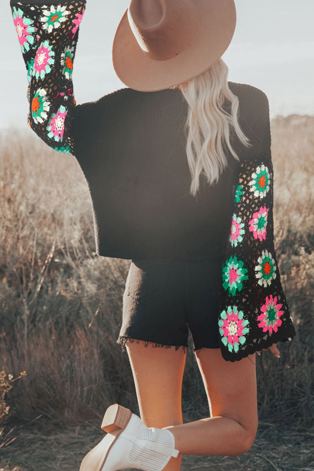 Black Floral Crochet Sweater Top
