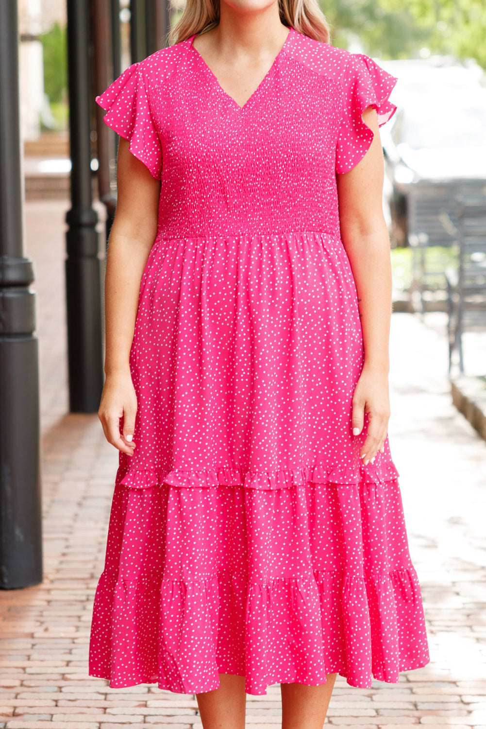 Rose Polka Dot Print Midi Dress