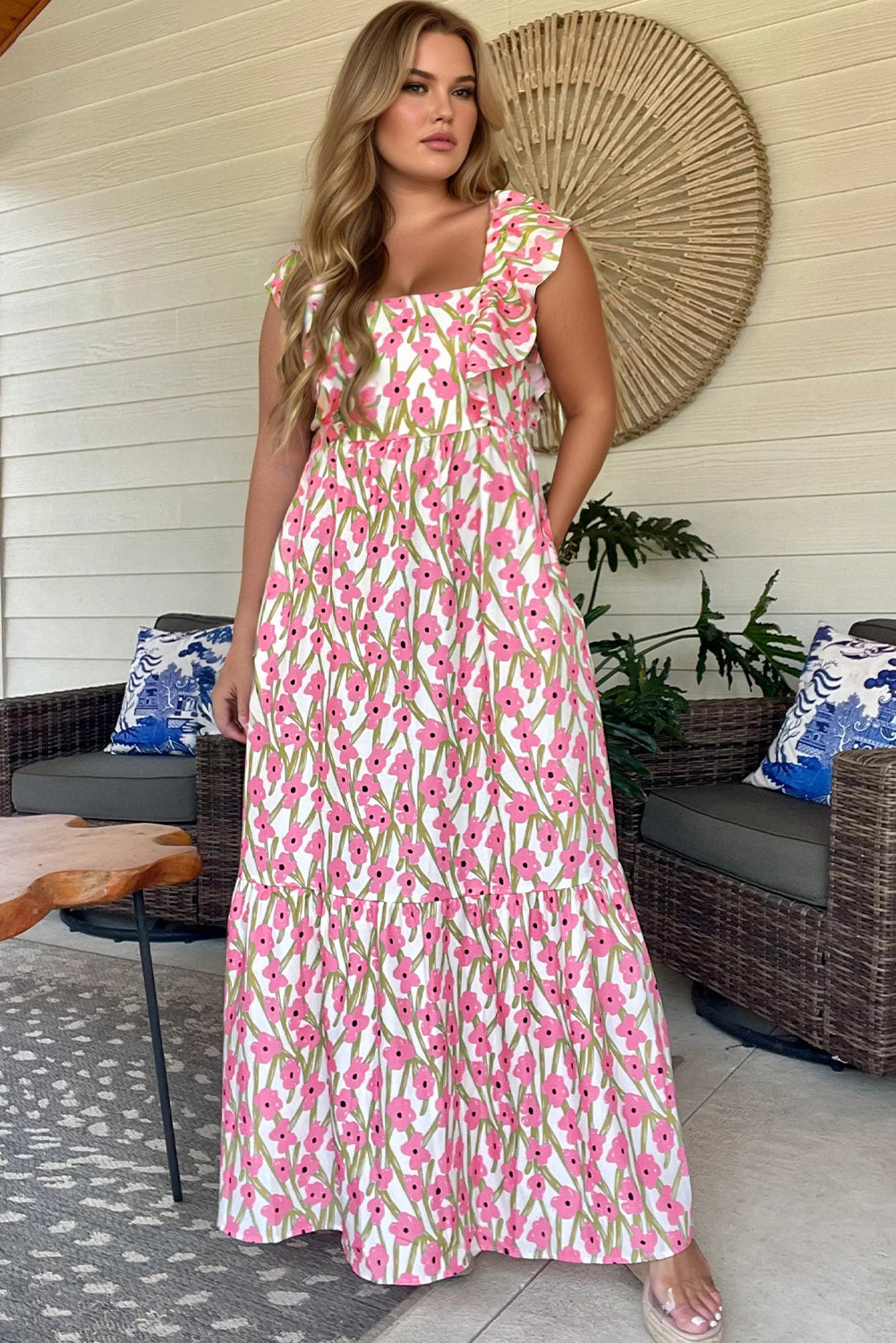 Pink High Waist Floral Maxi Dress