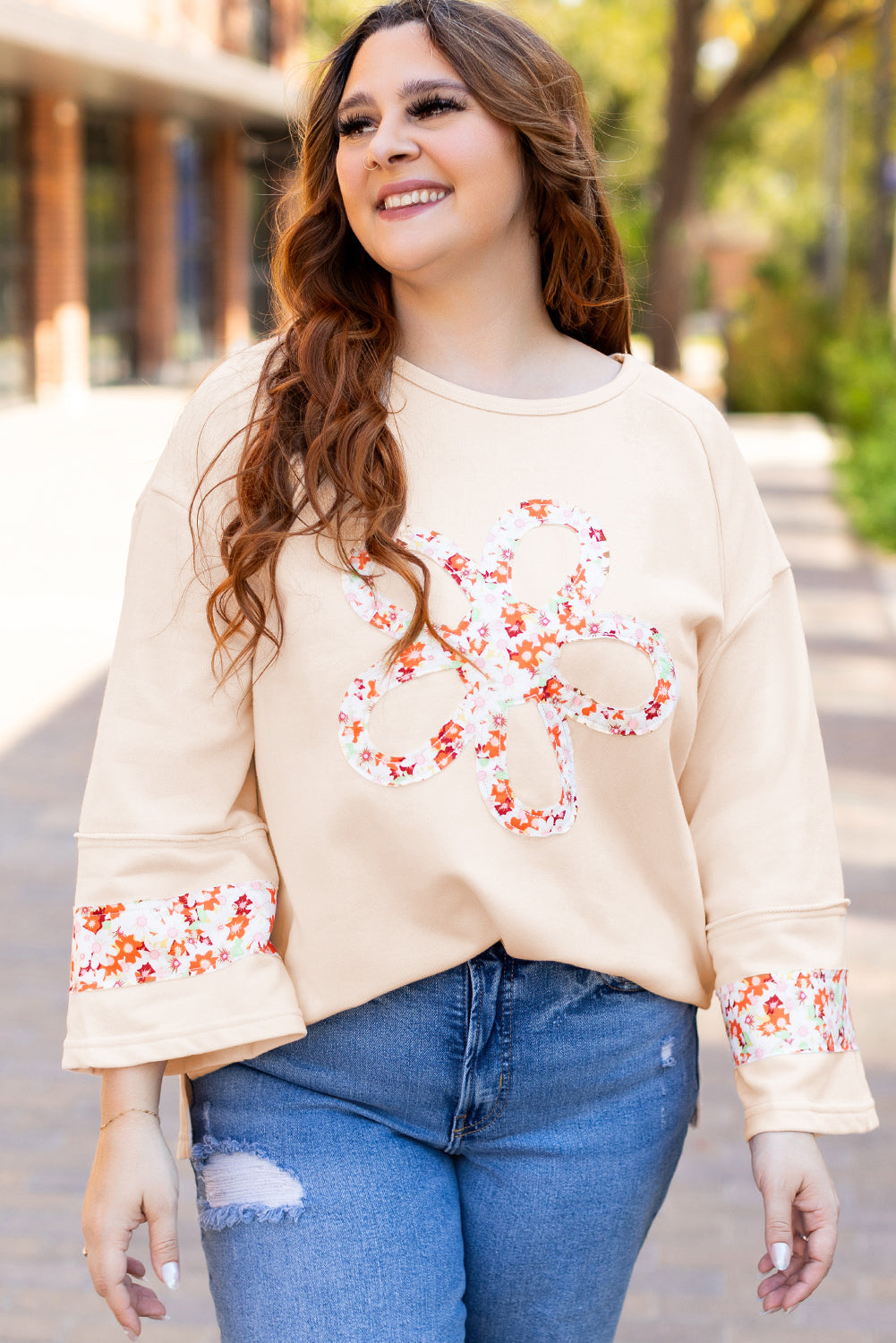 Beige Flower Crewneck Top