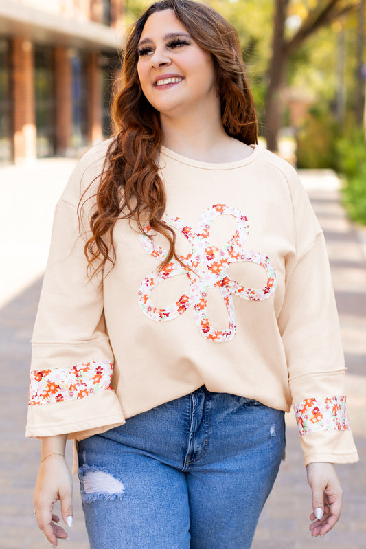 Beige Flower Crewneck Top