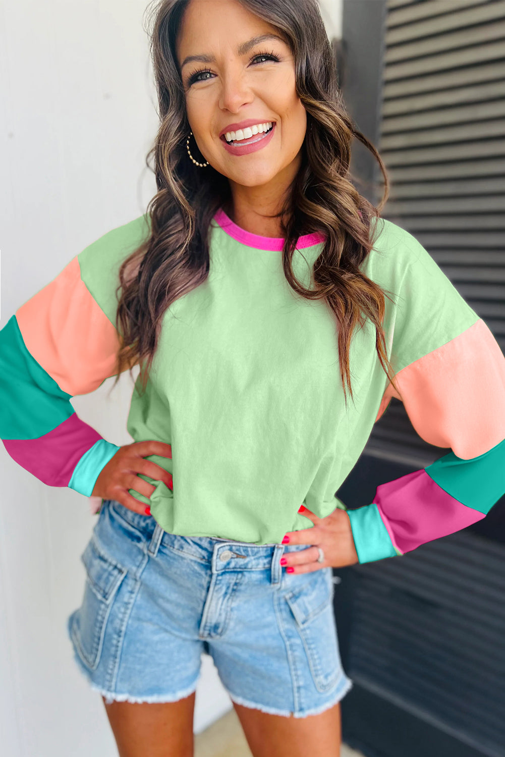 Green Colorblock Long Sleeve  Top