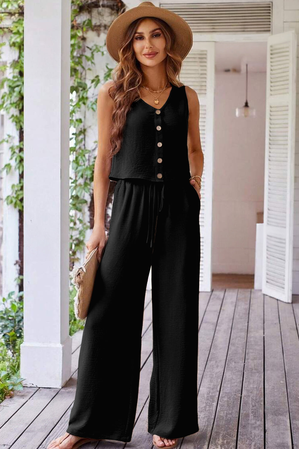Black Buttoned Vest Set